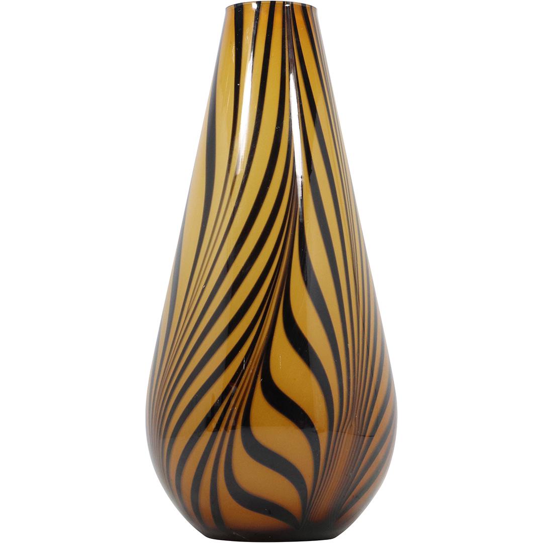 Tall Mid-Century Modern Amber Glass Vase Black Feathered Lines Design (1 of 9)