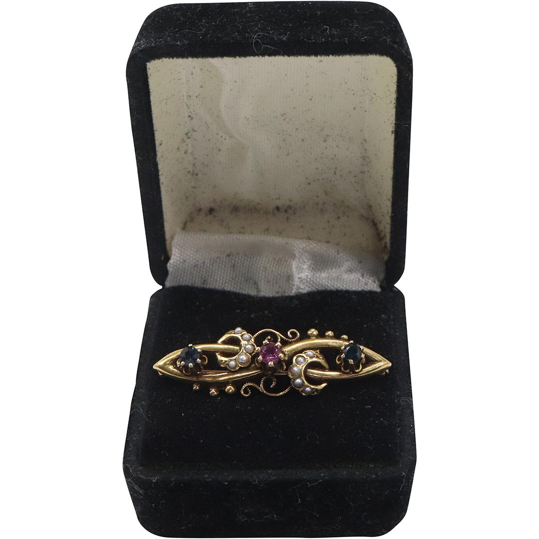 14K Yellow GOLD Victorian Pin RUBY, SAPPHIRE, PEARS, BLUE & GREEN SPINELS (1 of 7)