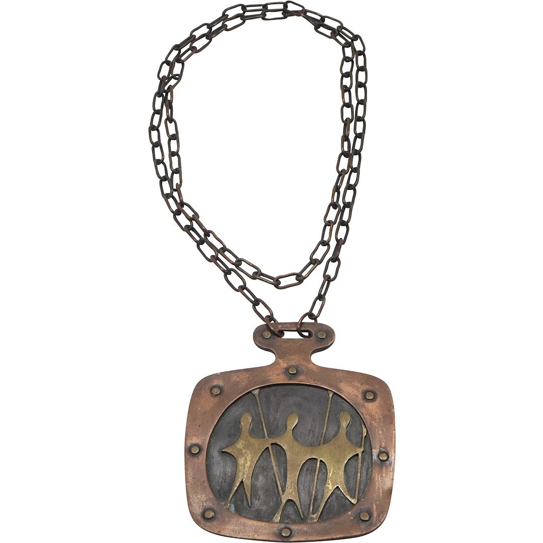 Mid-Century Modern BRUTALIST Copper & Brass Pendant Necklace with Figures (1 of 8)