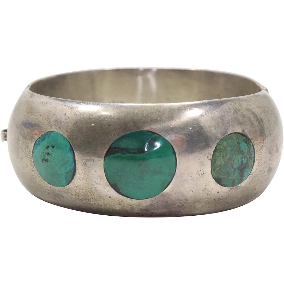 .925 STERLING SILVER with Malachite Wide Bracelet marked 925 Mexico TD 24 Taxco (1 of 5)