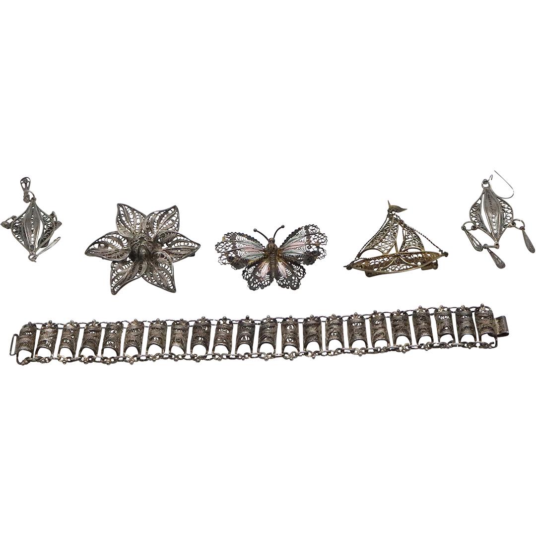 [6] SIX PC. FILIGREE STERLING SILVER & 800 SILVER Bracelet, Pins, Earrings (1 of 7)