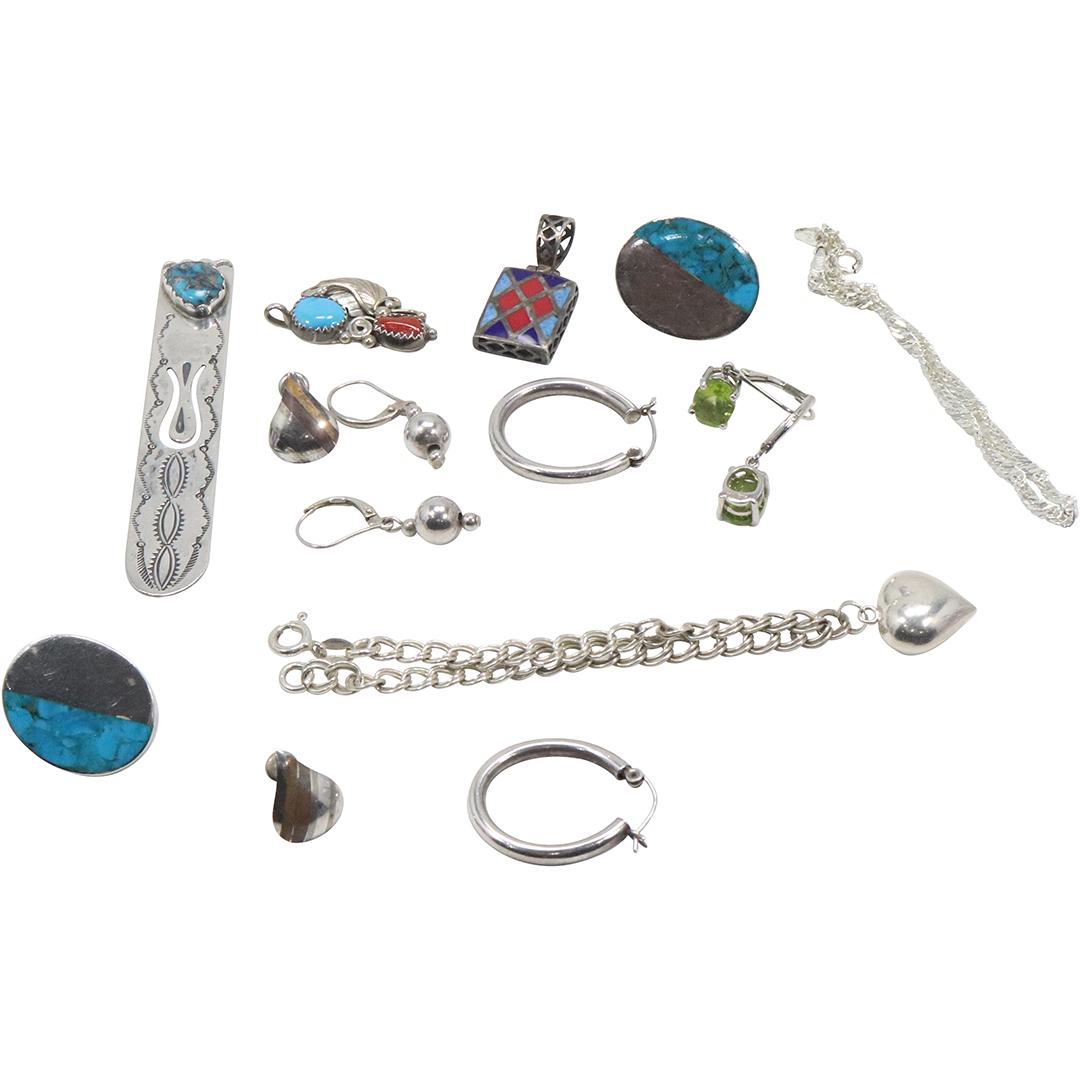 [15] FIFTEEN PCS. Estate Grouping STERLING SILVER Bracelet, Pendants, Earrings (1 of 8)