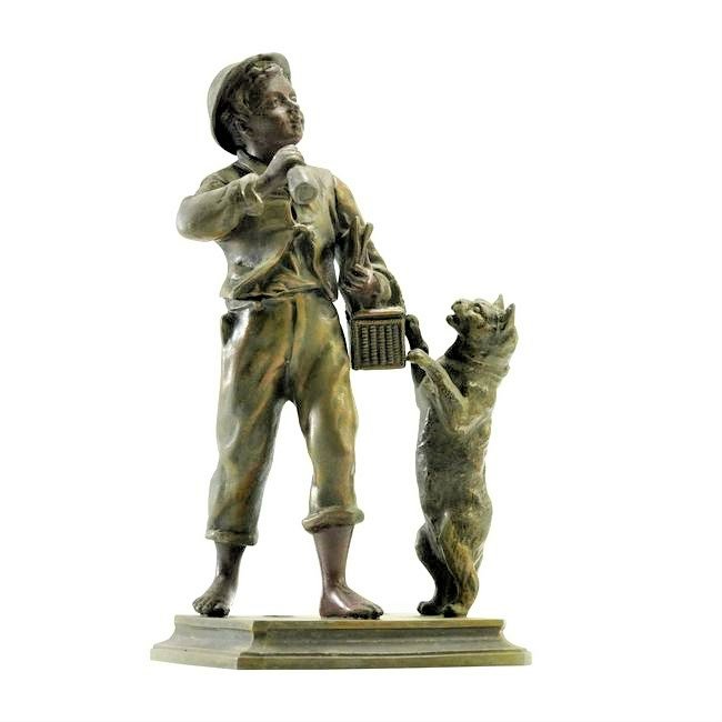 Cast Metal Spelter Street Urchin with Cat Statue, French Foundry Seal: Cast Metal Spelter Street Urchin with Cat Statue, French Foundry Seal. Antique, Original patina finish. Size: 10.5 h , 6.25