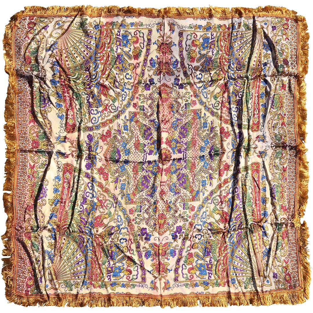 Colorful Islamic Embroidery Coverlet with People, Urns - Clean: Colorful Islamic Embroidery Coverlet with People, Urns. Clean. size: 52.5 inches x 46.5 inches