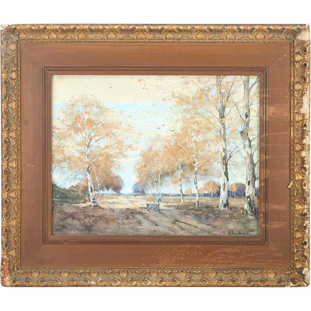 A T Driecter, 19th C. Watercolor Birch Trees, Figure with Wheelbarrow (1 of 9)