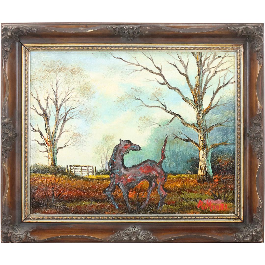 Rocco Monticolo, R Monti, Oil/c Painting Horse in a Country Setting: Rocco Monticolo, R Monti, Oil/c Painting Horse in a Country Setting. Oil on canvas painting, Signed, Framed. Well listed American Artist. size: 16 x 20, 21 x 25 outside frame. ASKart: Rocco Monticolo