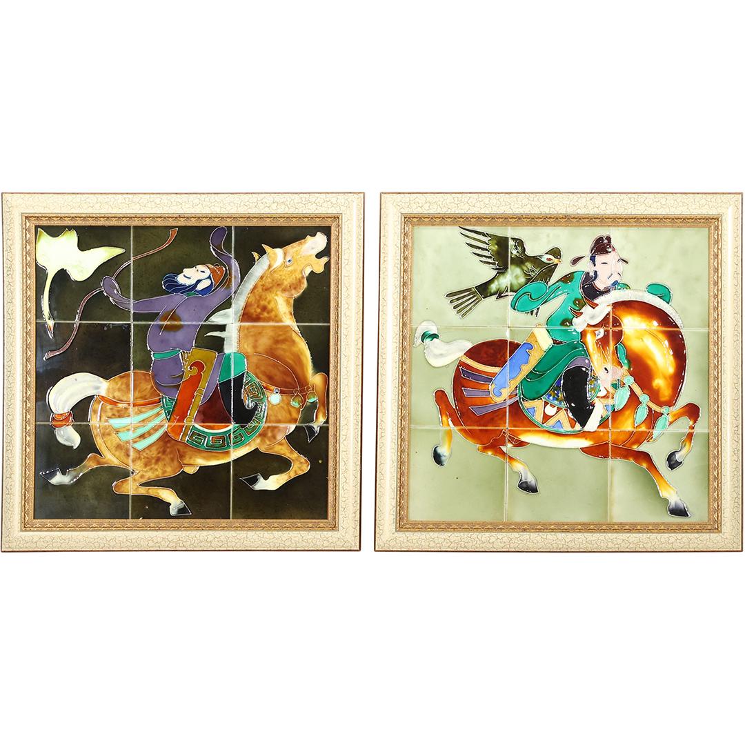 [2] Colorful Framed Chinese Tile Art Figures on Horses (1 of 20)