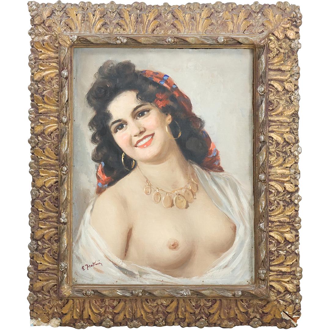 ENRICO FRATTINI 1890-1868 Italy, Nude Gypsy Woman Portrait O/b: ENRICO FRATTINI 1890-1868 Italy, Nude Gypsy Woman Portrait O/b. Oil on board painting, Signed, Framed. Well listed Artist. size: 17 x 13, 23 x 19 outside frame. ASKart: Enrico Frattini (1890 - 1968) w