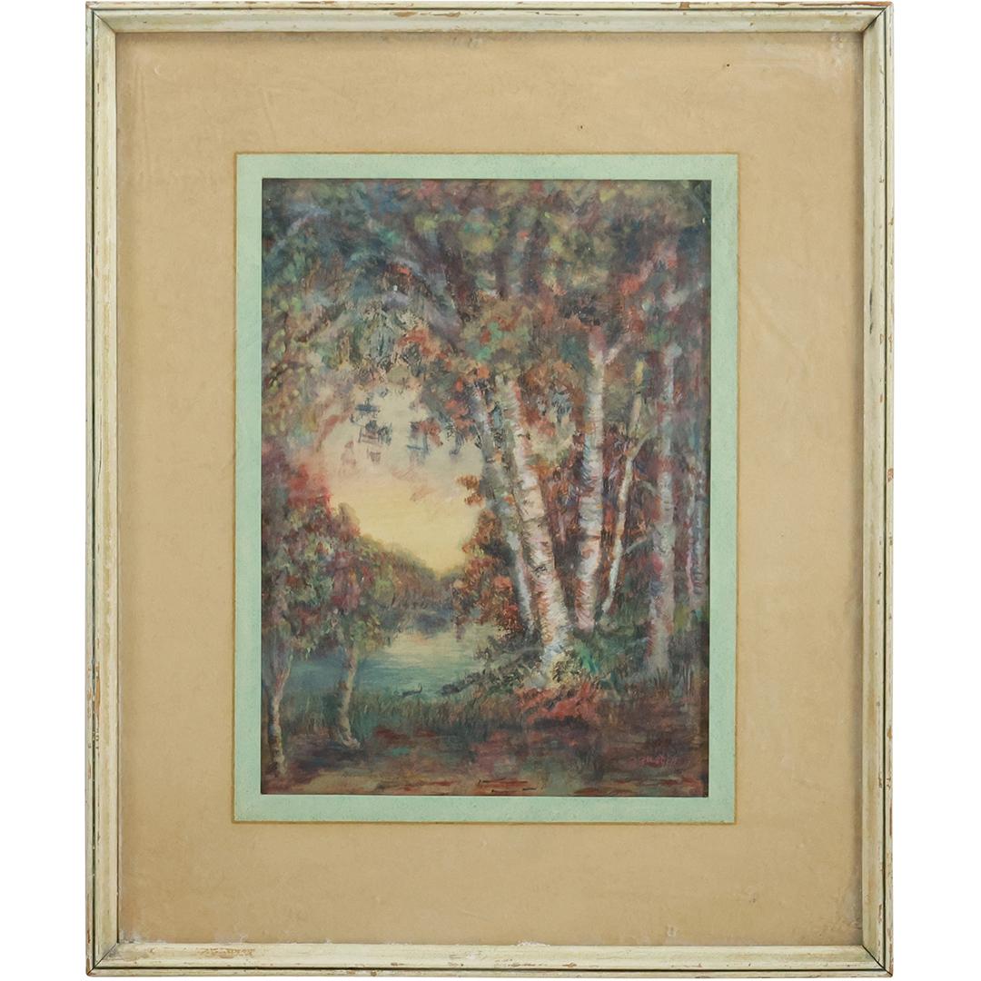 G Gustin, Vintage Watercolor Birch Trees at River Edge, Signed, Framed: G Gustin, Vintage Watercolor Birch Trees at River Edge, Signed, Framed. size: 11 x 8 matte, 17.75 x 14.25 outside frame
