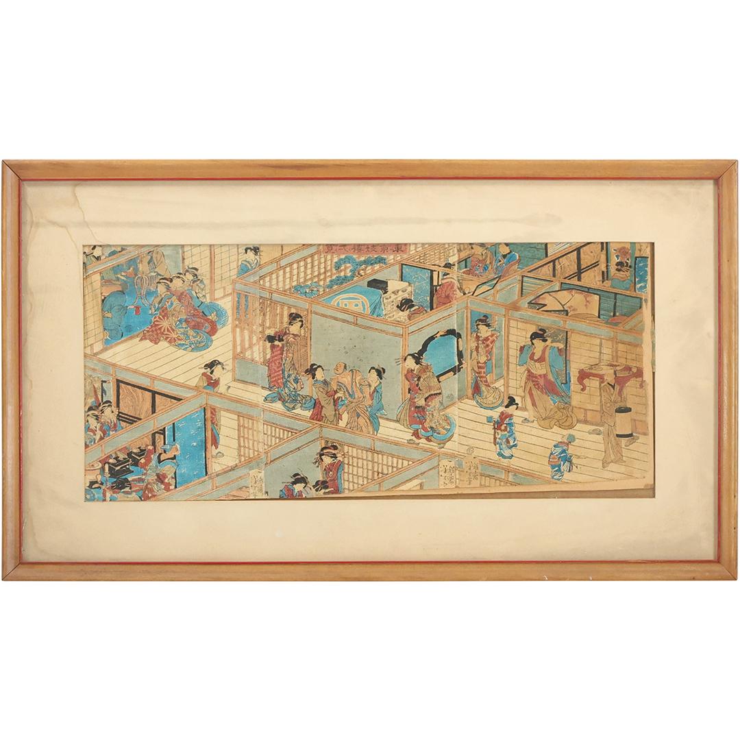 3-Part Japanese Woodblock Figures Inside a Maze Walled Building - Vintage (1 of 12)
