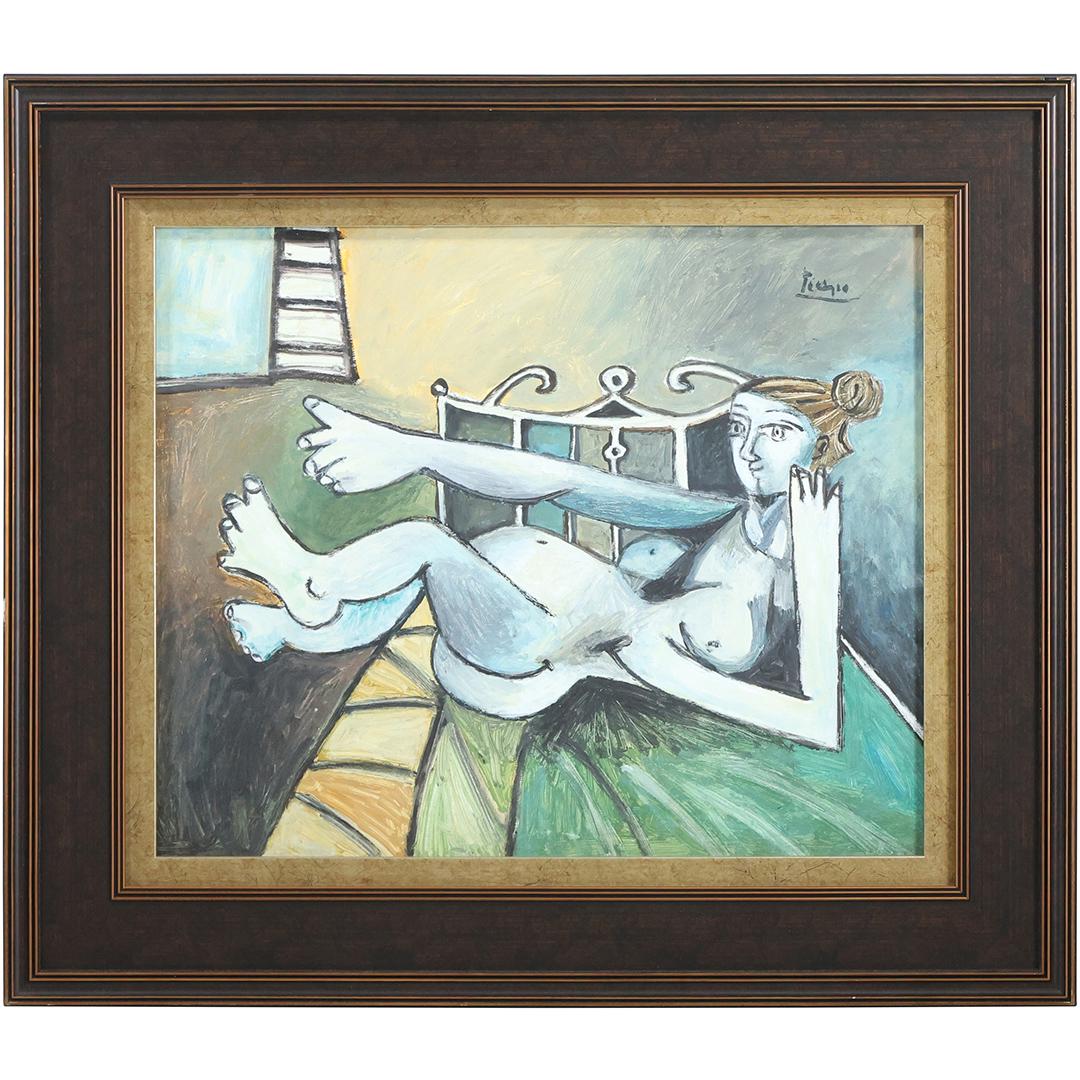 Pablo Picasso, attributed, Oil/b Reclining Nude on Bed. Oil on board painting. Signed Picasso, selli: Pablo Picasso, attributed, Oil/b Reclining Nude on Bed. Oil on board painting. Signed Picasso, selling attributed acquired with no documentation. Quality gallery frame. size: 17.25 x 20.5, 22.5 x 26 o