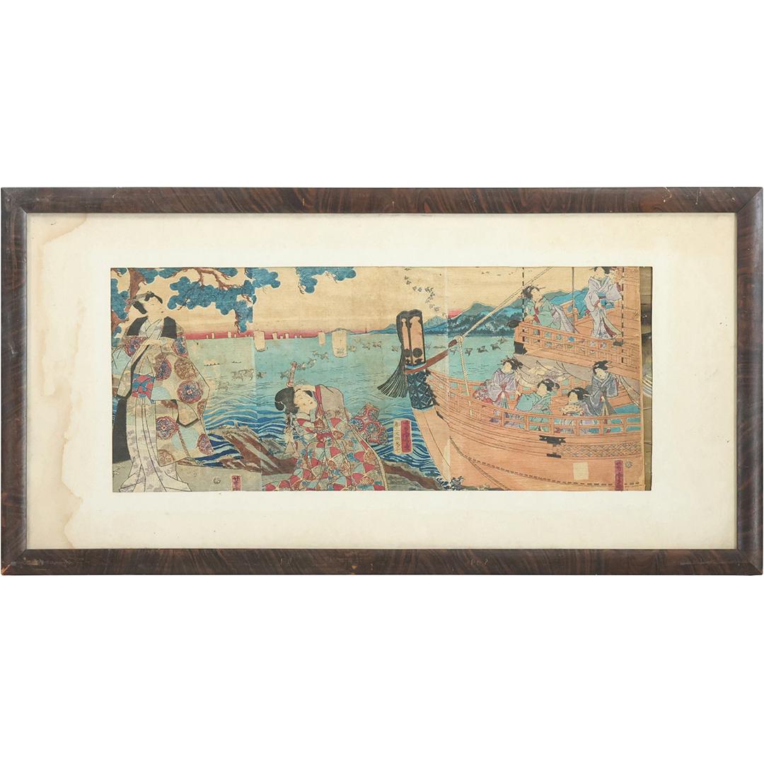 3 Part Japanese Woodblock Figures in Boat at Port - Vintage, Framed (1 of 12)