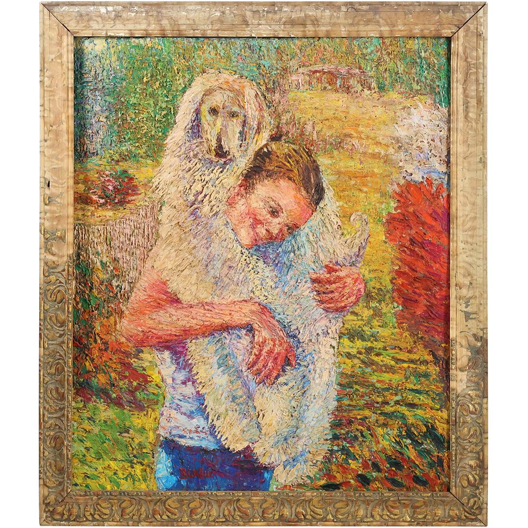 DAVID BURLIUK, Large Oil on Board Painting Young Woman Carrying a Sheepdog (1 of 17)