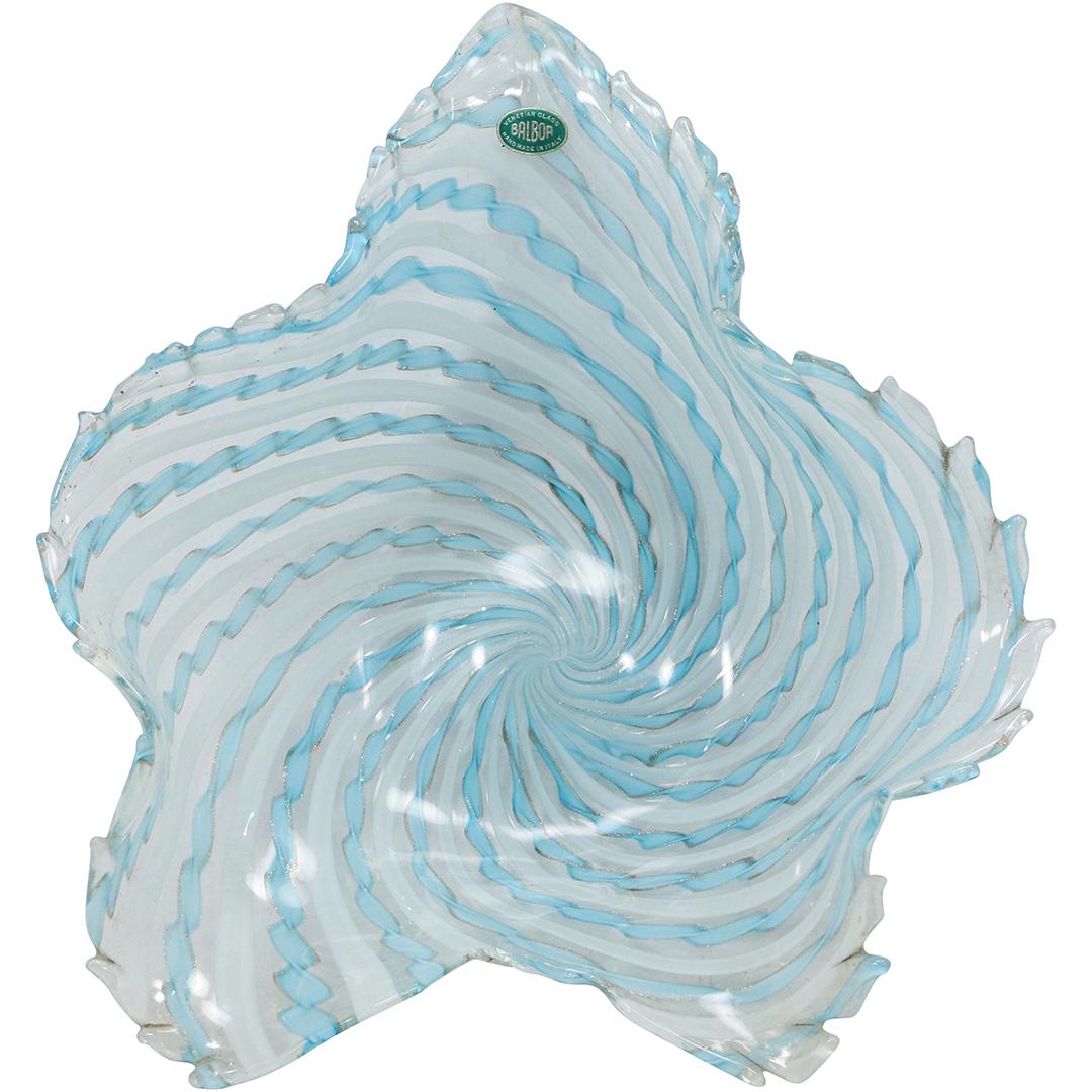 BALBOA Italian Art Glass Clear Bowl Blue Ribbons in Swirl Pattern Original Label (1 of 10)