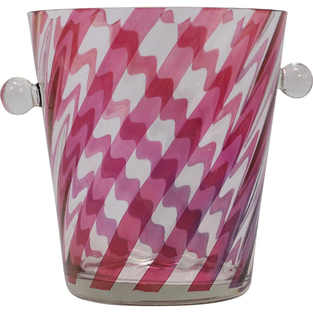 Italian Glass Ice Bucket Red Cranberry Criss Cross Stripes ; Mid-Century Modern (1 of 7)