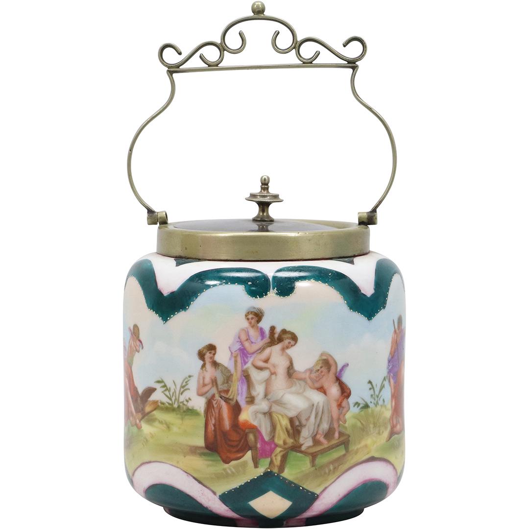 19th C. ROYAL VIENNA Porcelain Cracker Jar Maidens Scenic Panel, Silver Plate Frame (1 of 13)