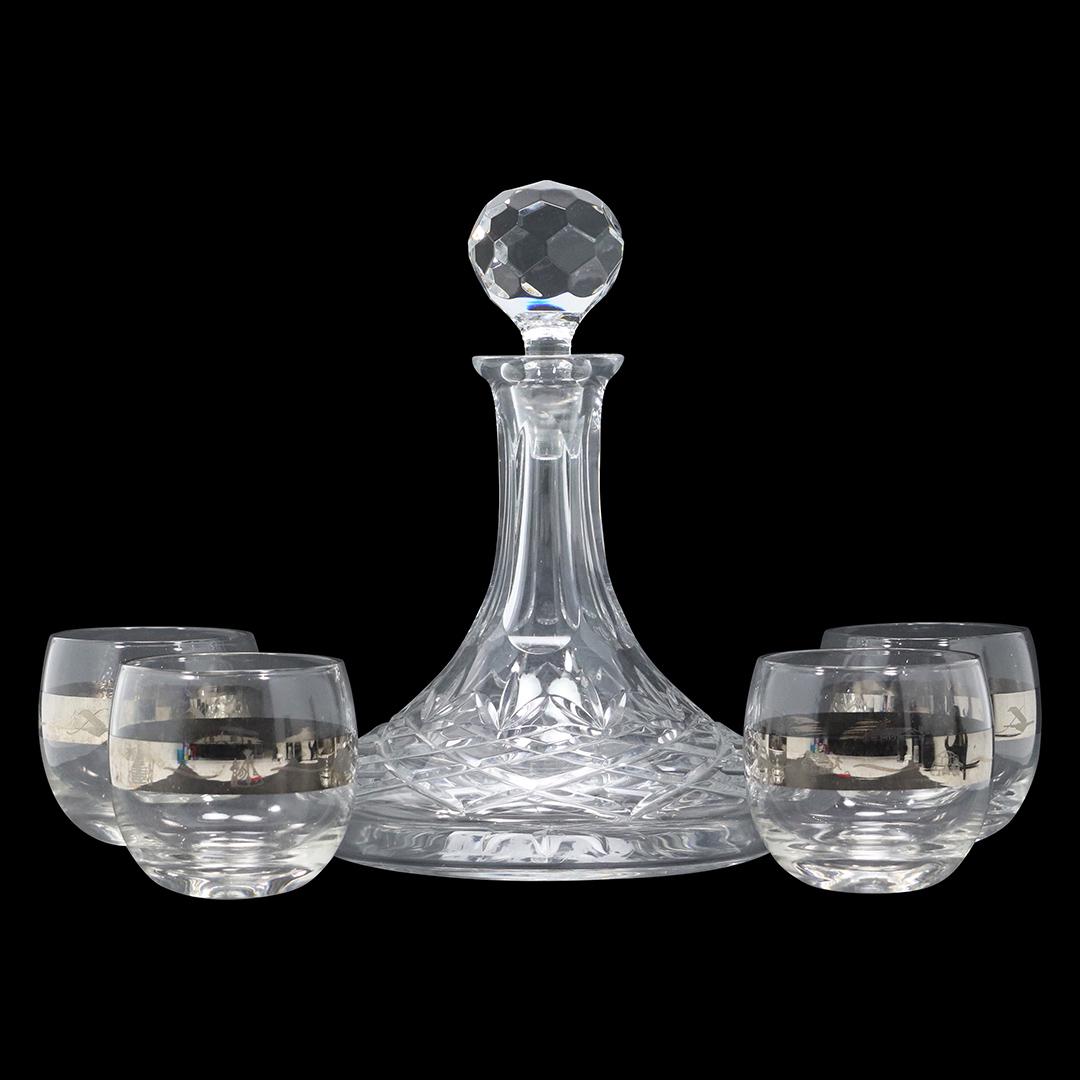 Crystal Glass Ship's Decanter, 4 Cocktail Glasses Silver Bands Eskimo Scenes (1 of 11)