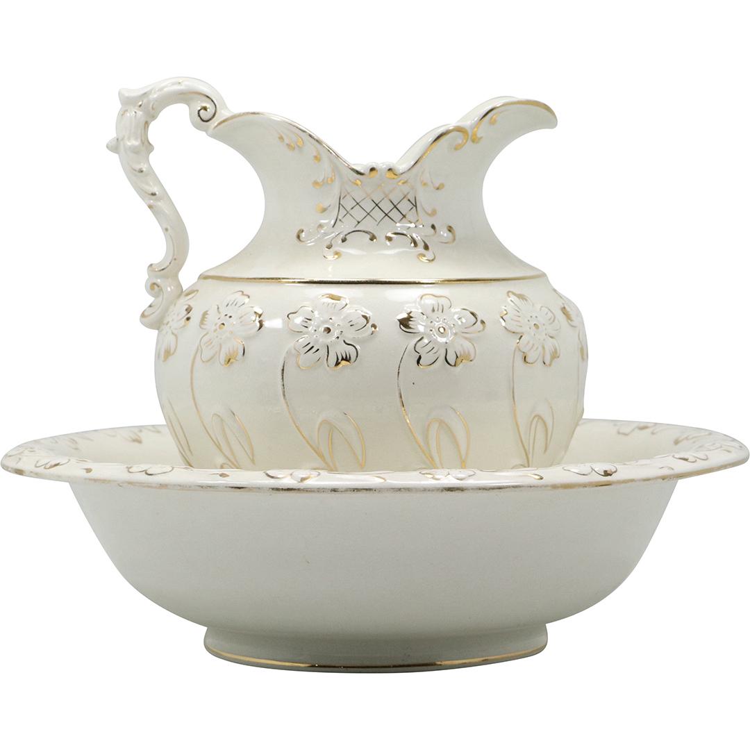 White Ironstone Porcelain Wash Bowl & Pitcher - Gold Accents: White Ironstone Porcelain Wash Bowl & Pitcher - Gold Accents. size: pour 11.25h 10w bowl 4.5h 16.5w