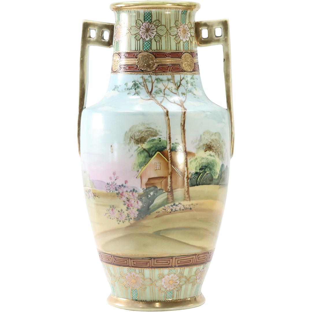 NIPPON Vintage Porcelain Tall Vase with Landscape , Cottage, Gold Accents, Handles: NIPPON Vintage Porcelain Tall Vase with Landscape , Cottage, Gold Accents, Handles. Signed on base HAND PAINTED NIPPON. size: 12 x 6.25