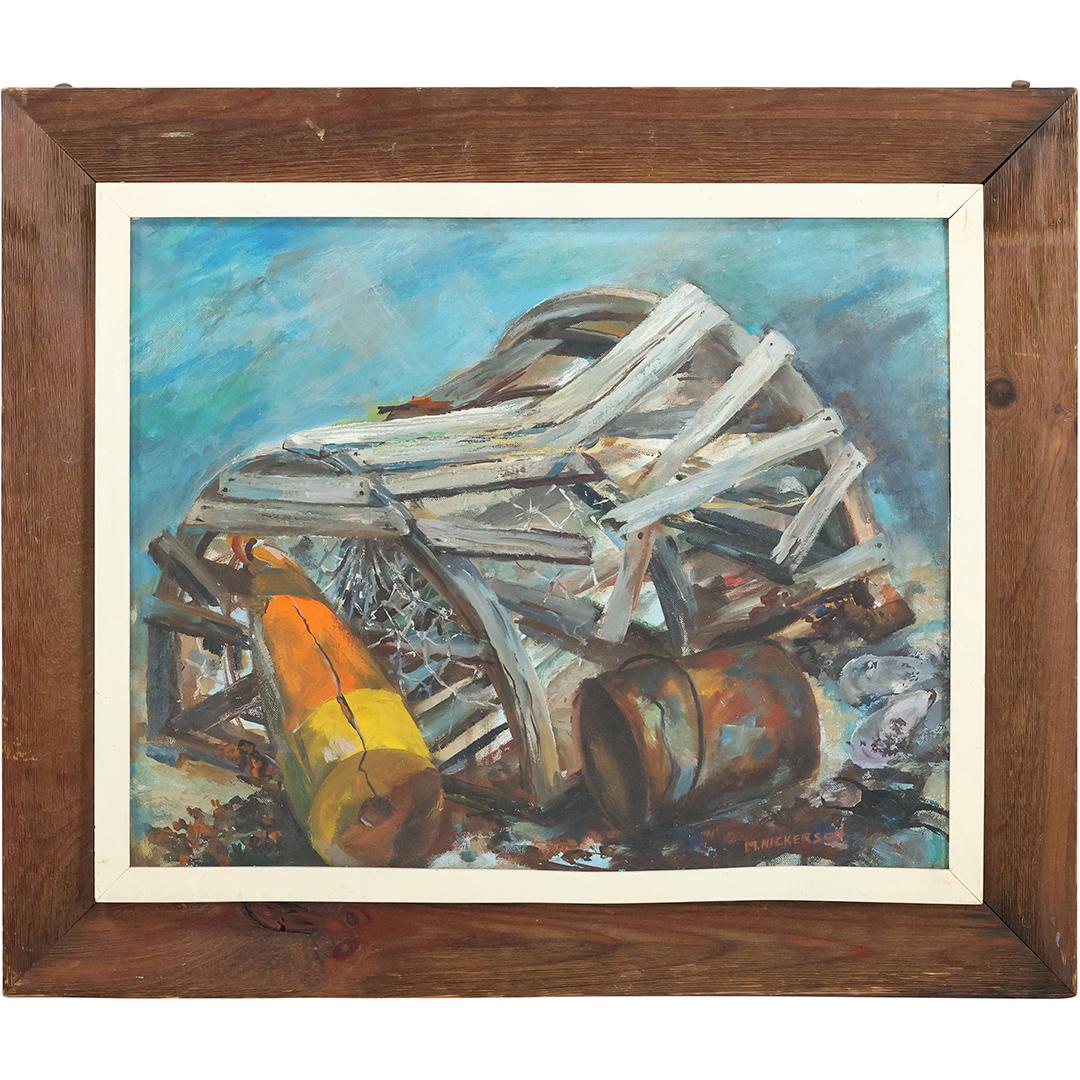 M Nickerson, Vintage Oil/b Lobster Crate and Buoy . Oil on board painting, Signed: M Nickerson; Orig (1 of 11)