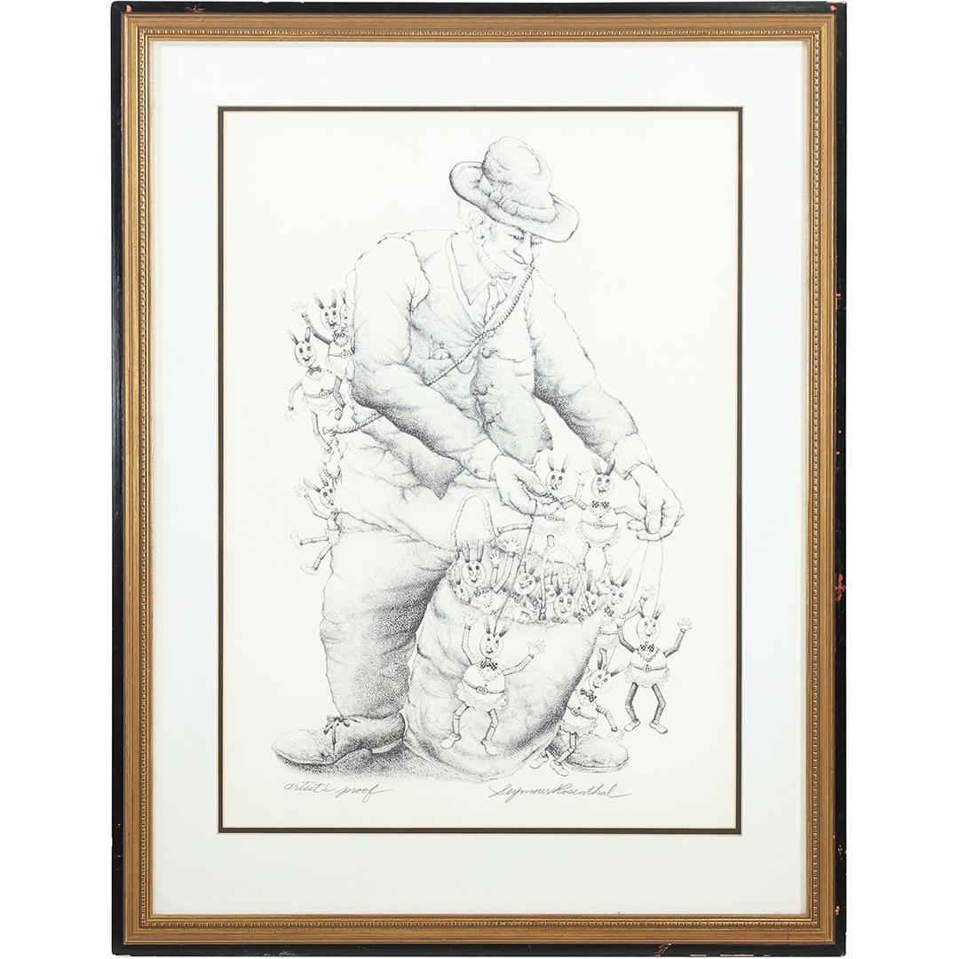 Seymour Rosenthal, Artist Proof, Jewish Man with Duffel Bag of Puppets: Seymour Rosenthal, Artist Proof, Jewish Man with Duffel Bag of Puppets. Pencil signed, original framing. size: 22.5 x 16 matte, 30 x 22.75 outside frame. ASKart: Seymour Joseph Rosenthal (1921 - 2007)