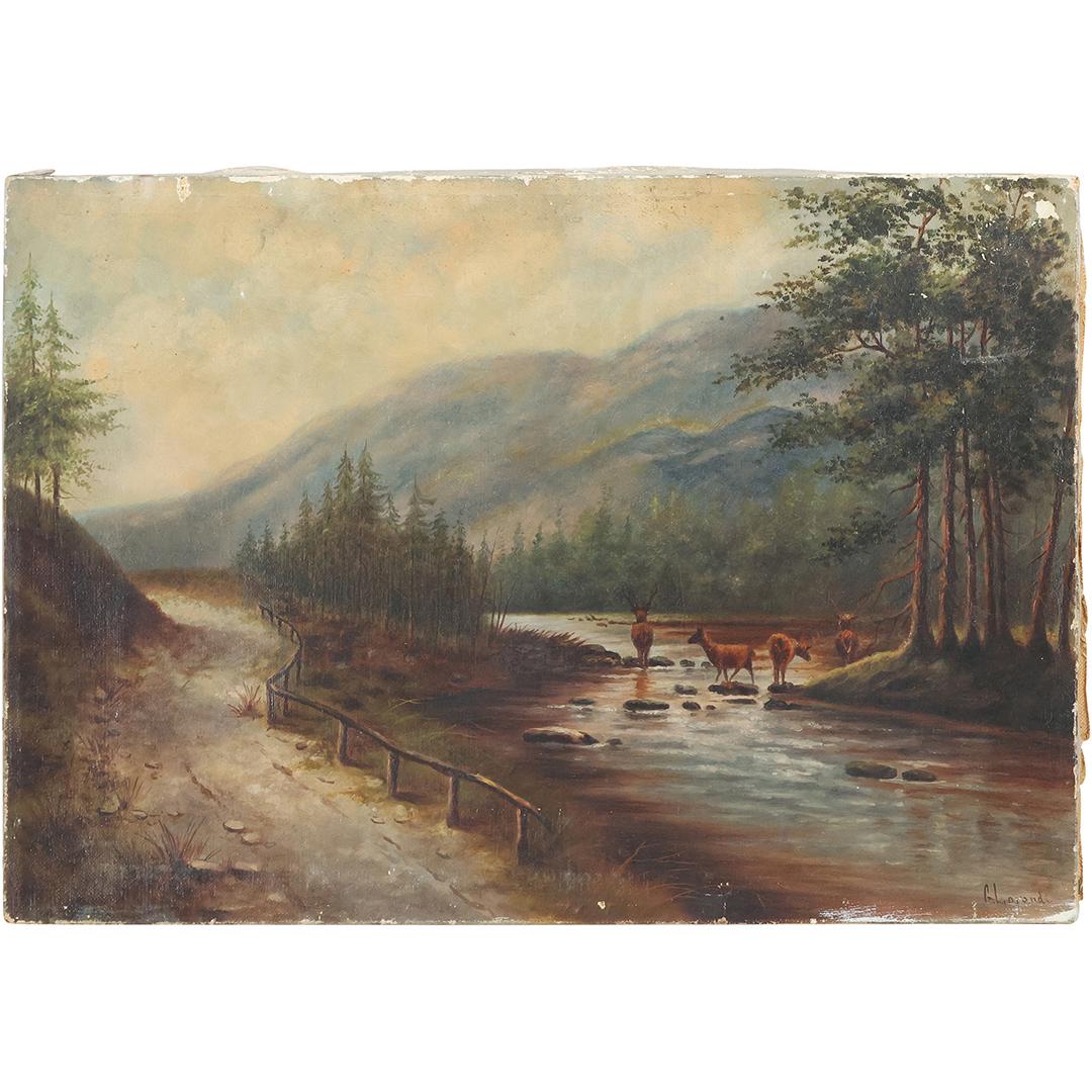 G Liprandi, 19th C. HUDSON VALLEY LANDSCAPE Deer at Stream Oil on Canvas Painting (1 of 10)