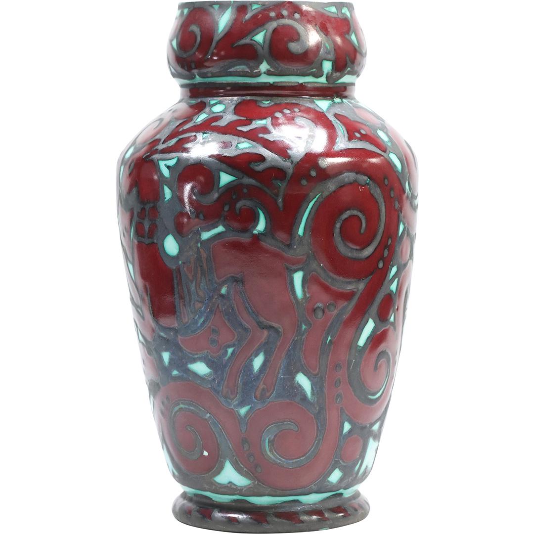 Italian Ceramic Arts & Crafts Vase Red, Green and Silver Glazed Design (1 of 6)