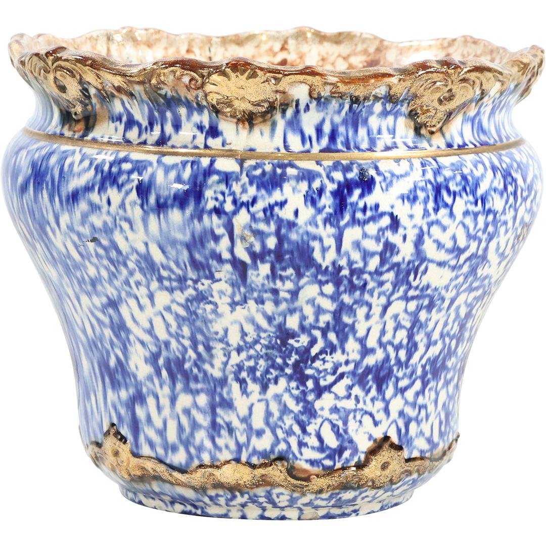 Ironstone Porcelain Blue Spongeware Jardinere Pot, Gold Accents: Ironstone Porcelain Blue Spongeware Jardinere Pot, Gold Accents. Note: chip on rim. size: 12.75 x 15