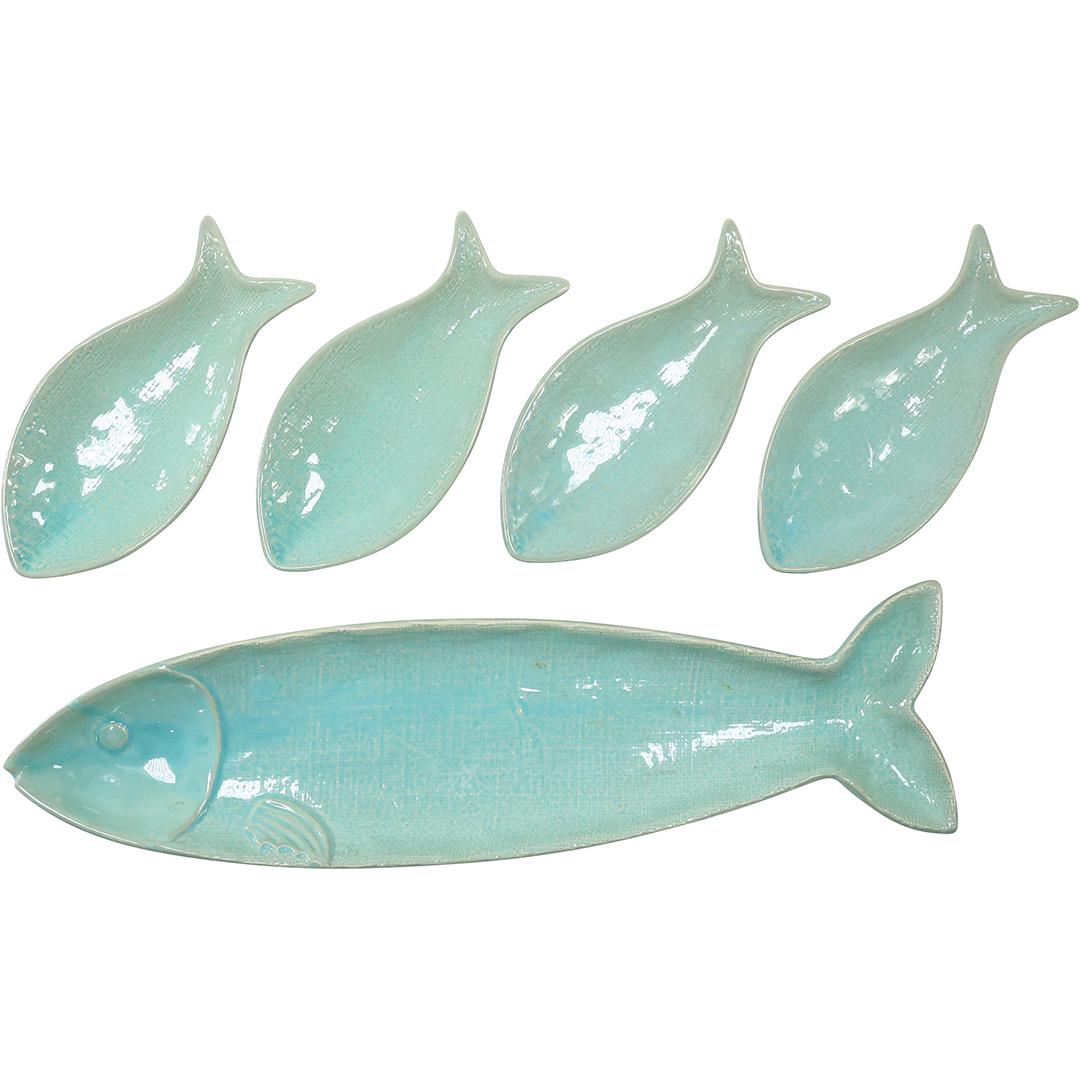[5] FIVE Nantucket Home Glazed Ceramic Fish Platter and 4 Fish Plates (1 of 15)