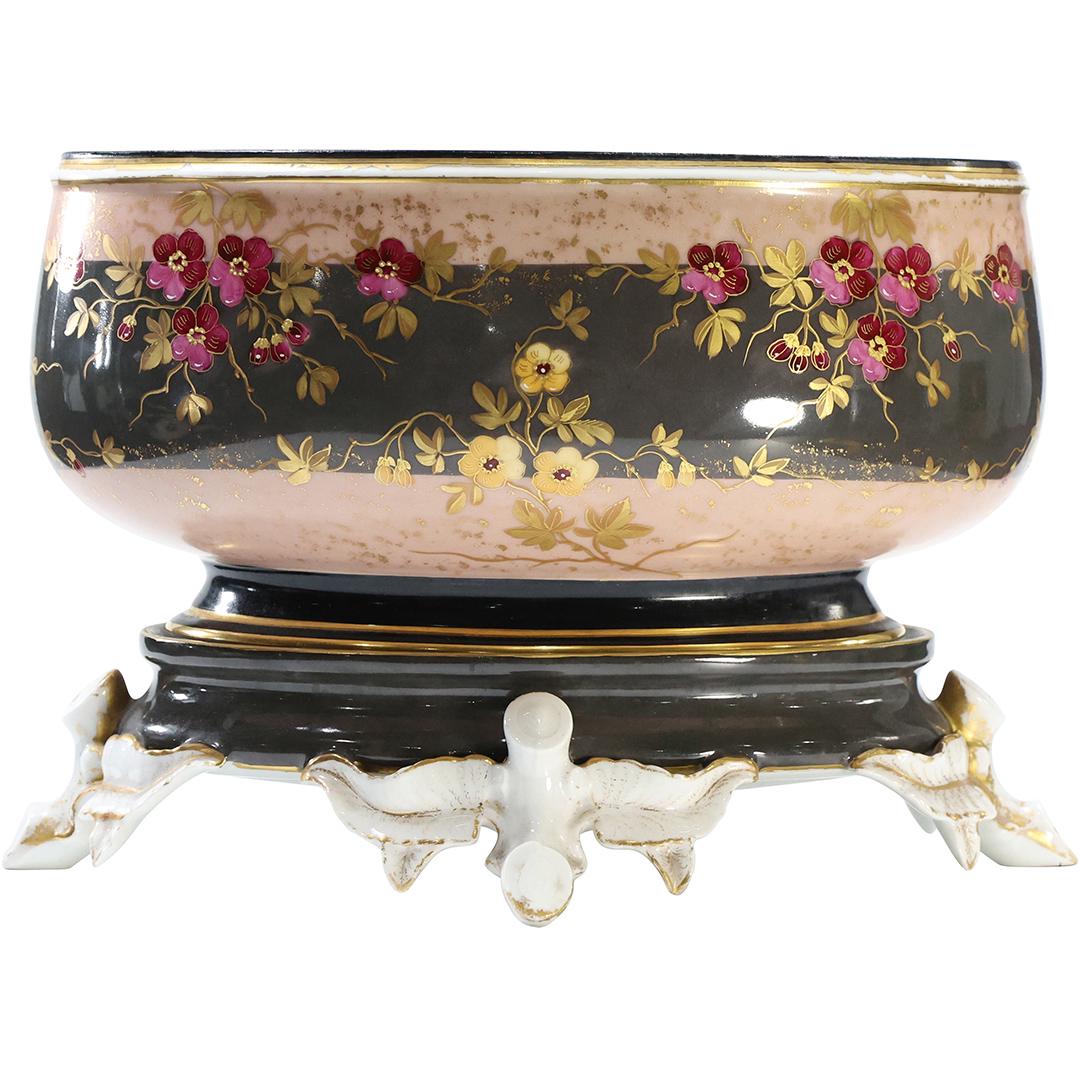 CFH GDM LIMOGES Spectacular BOWL on PLATEAU STAND Fine Porcelain, Flowers: CFH GDM LIMOGES Spectacular BOWL on PLATEAU STAND Fine Porcelain, Hand Painted Flowers, Antique, 19th C. CFH [Charles Field Haviland] size: 9.5 x 14.25