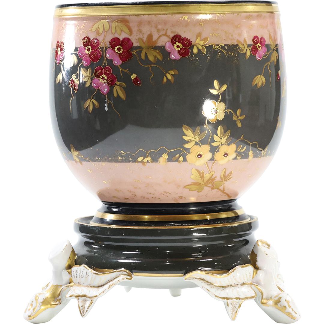 CFH GDM LIMOGES 19th C. Fine Porcelain CACHE POT on PLATEAU BASE Flowers (1 of 15)