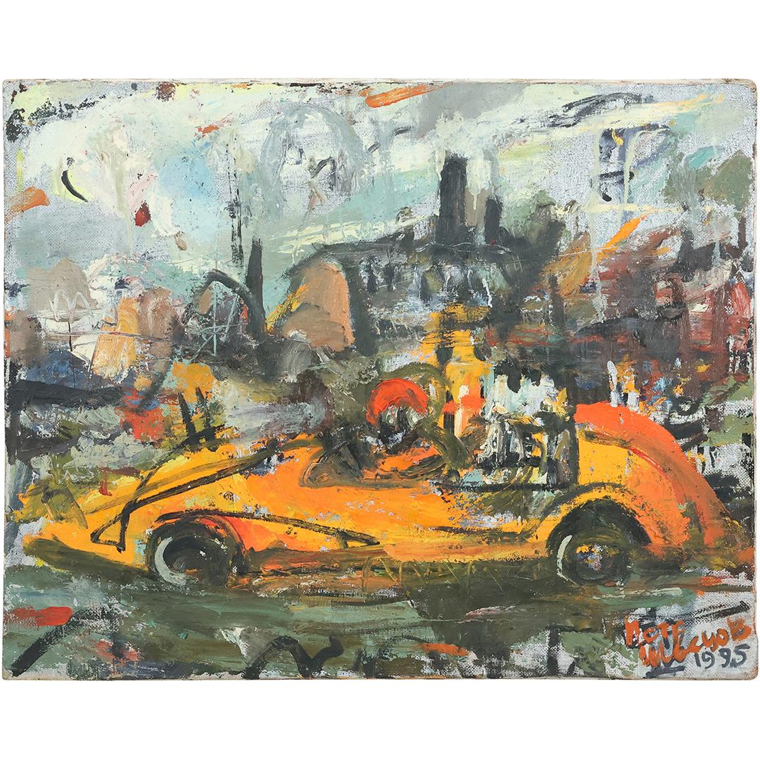 Russian Modernism Oil/c Orange Sports Car in Busy Industrial Town. Artist Signed and Dated. Russian: Russian Modernism Oil/c Orange Sports Car in Busy Industrial Town. Artist Signed and Dated. Russian stamps on verso. Oil on canvas Painting. size:22 x 28