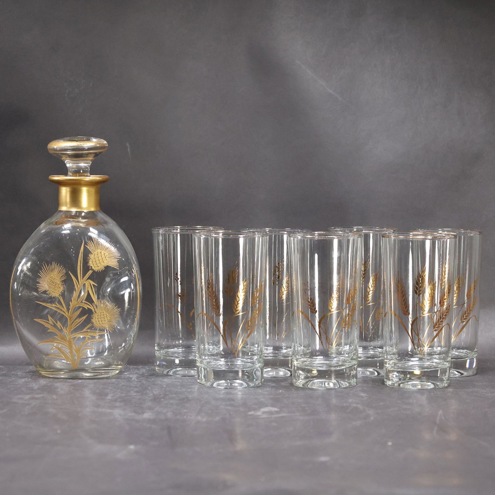 Gold Decorated Liquor Decanter & 8 Tall "Wheat" Drinking Glasses (1 of 14)