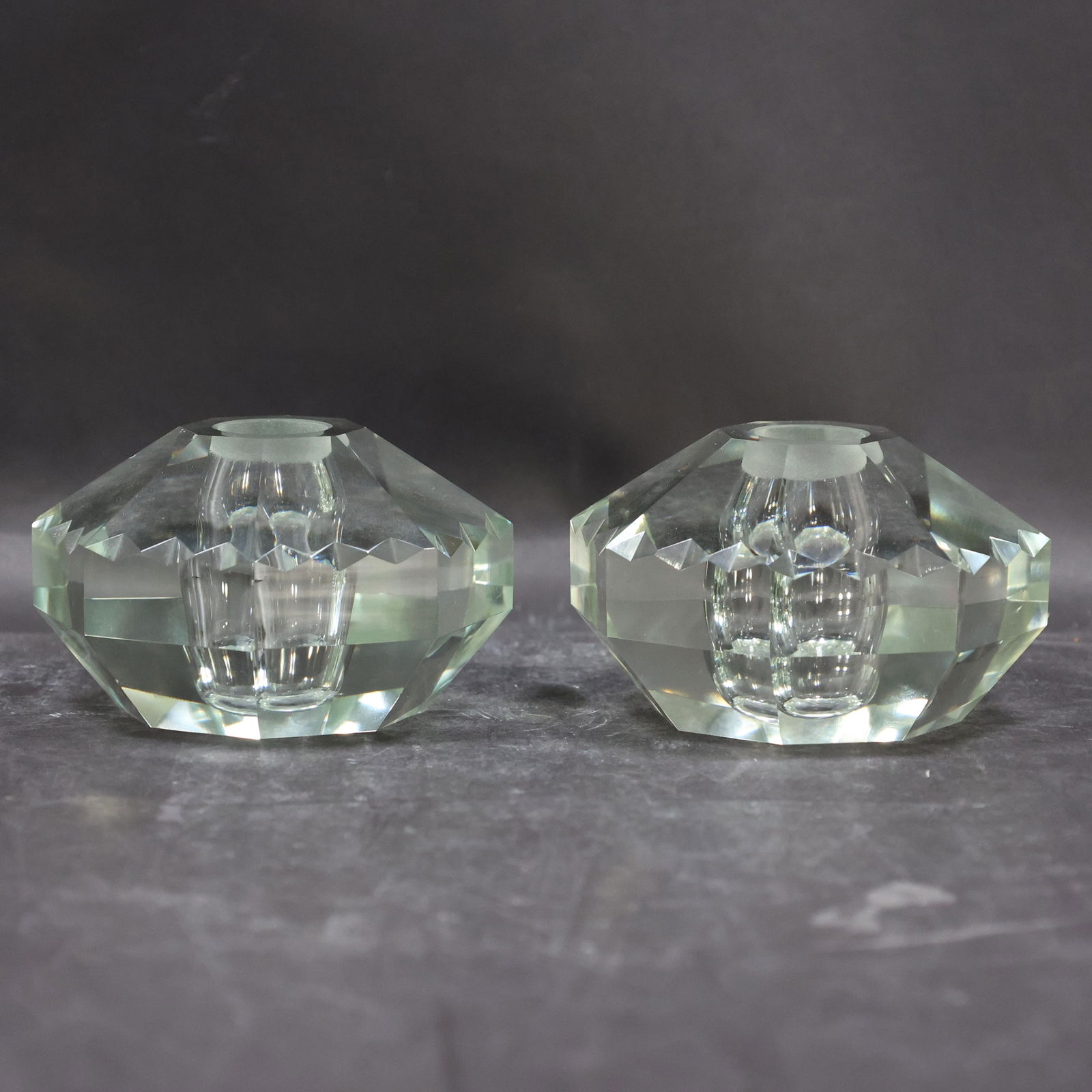 [2] Faceted Glass Mid-Century Modern Low Candlesticks (1 of 5)