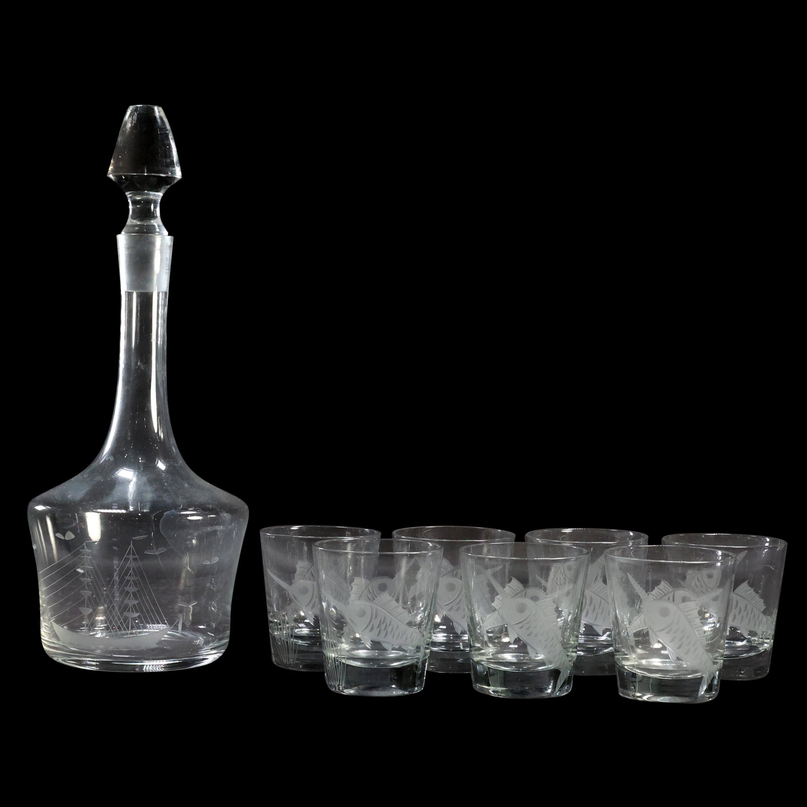 Etched Glass Tall Ships Decanter & 8 Etched Glass Swordfish Cocktail Glasses: Etched Glass Tall Ships Decanter & 8 Etched Glass Swordfish Cocktail Glasses size: cups (3.25 x 3), decanter (14.5 x 5.5)