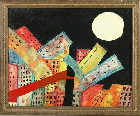 Lulu Lowry, 20th C. Oil Painting ABSTRACT CITYSCAPE TALL BUILDINGS, Signed (1 of 10)