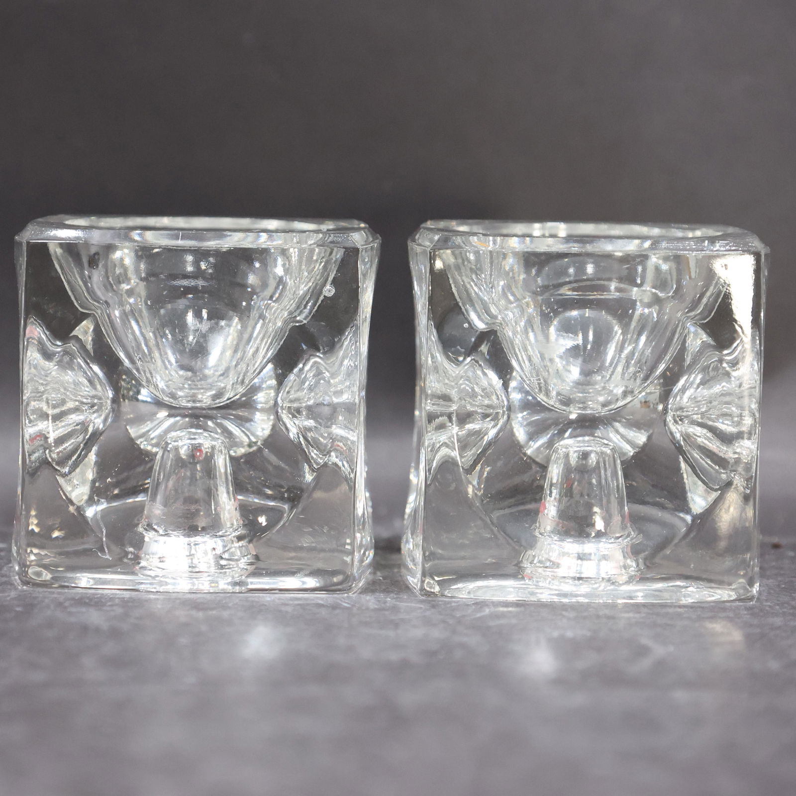 [2] TWO Crystal Glass BLOCK CANDLE HOLDERS Mid-Century Modern (1 of 5)