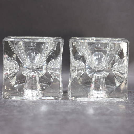 [2] Two Crystal Glass Block Candle Holders Mid Century Modern