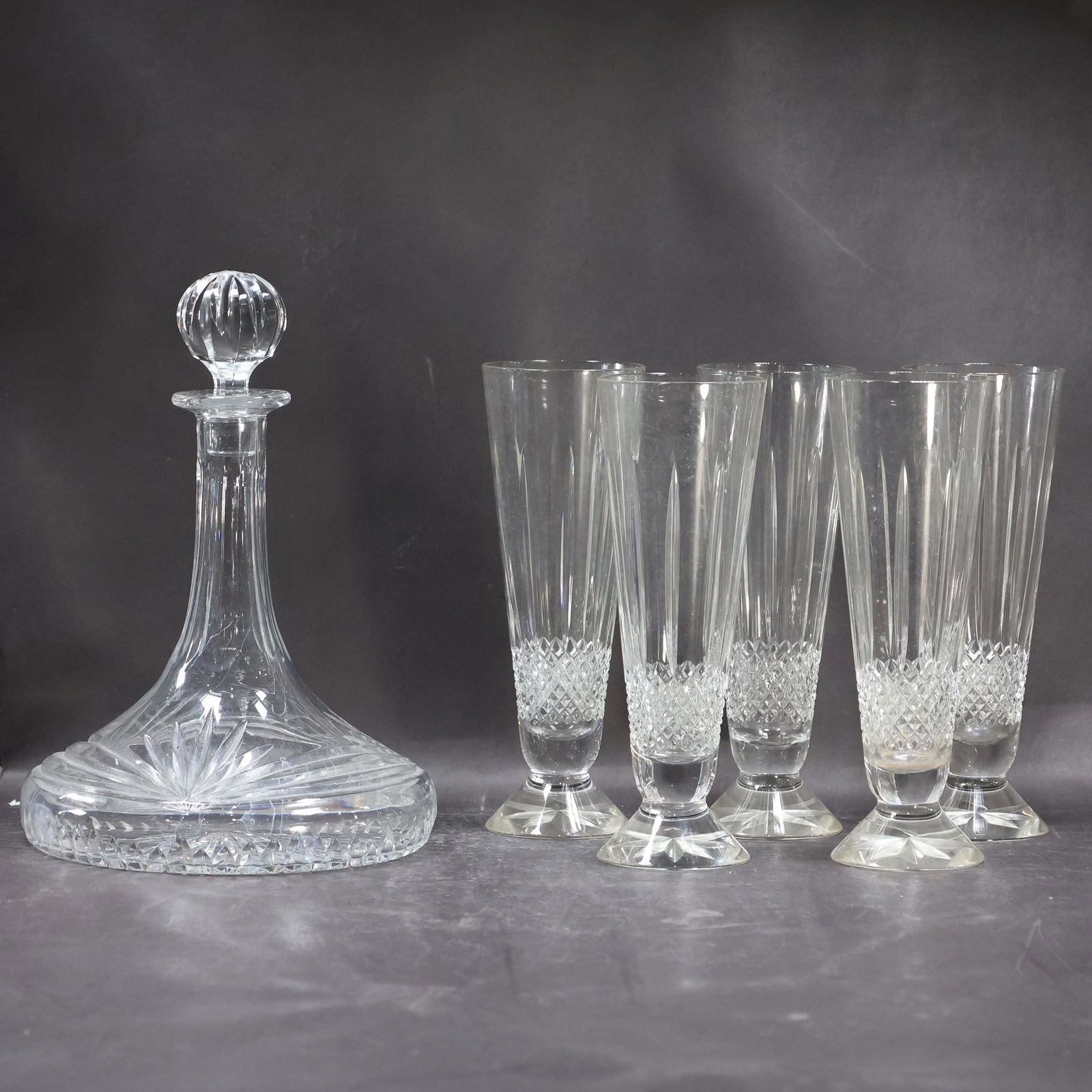 [5] FIVE Signed WATERFORD Pilsner Glasses & Crystal Glass Ship's Decanter (1 of 14)