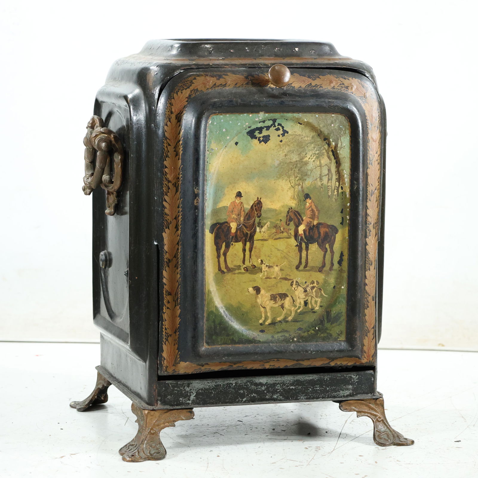 Fabulous Antique Toleware Coal Hog Cabinet with Equestrian Scene Panel (1 of 9)