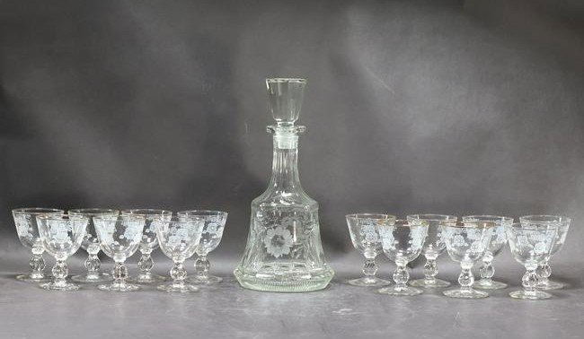 Wheel Cut Crystal Glass Decanter & 14 Decorated Cocktail Glass Stemware (1 of 12)