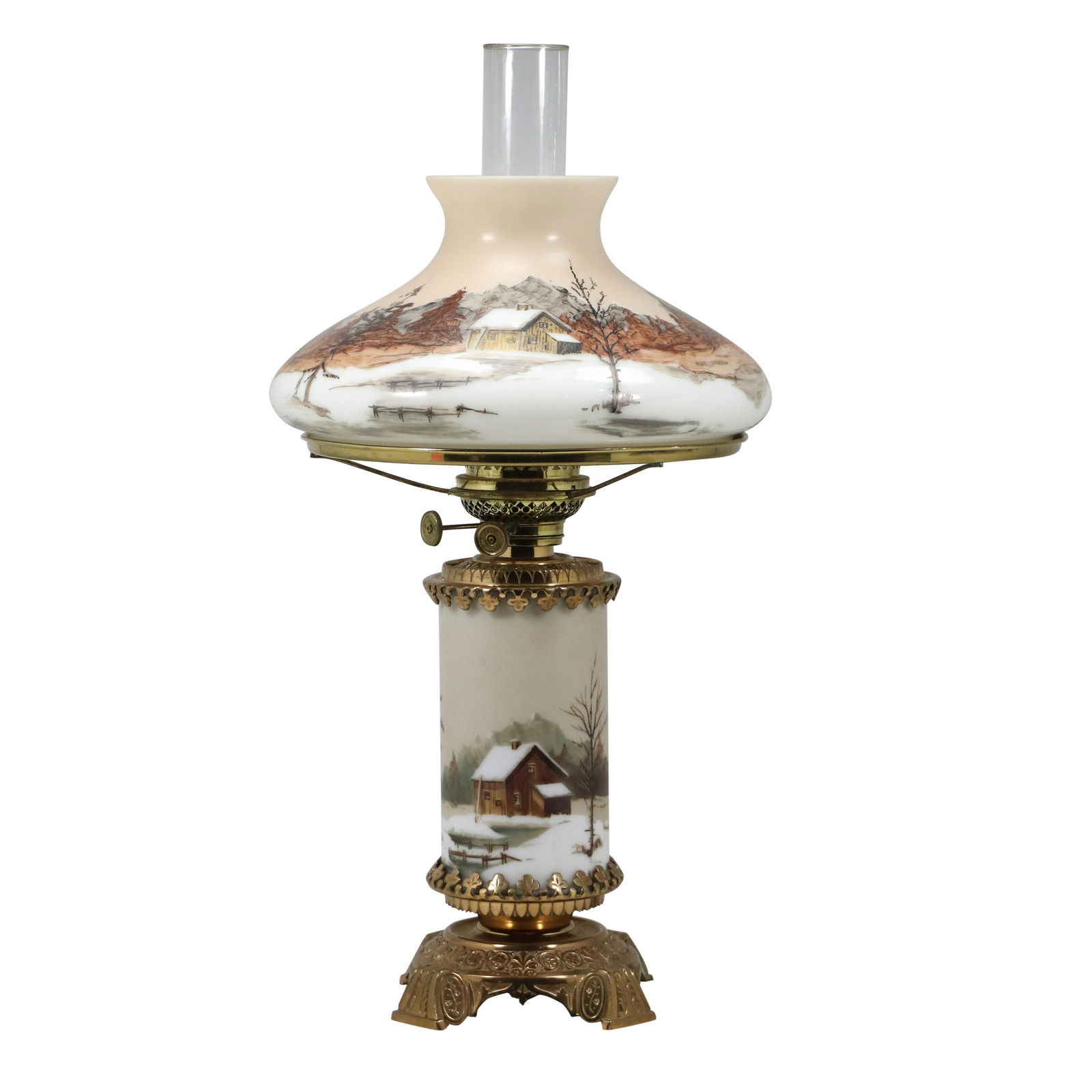 Antique Hand Painted Bristol Glass Hurricane Lamp Winter Farmhouse Matching Shade & Base (1 of 20)