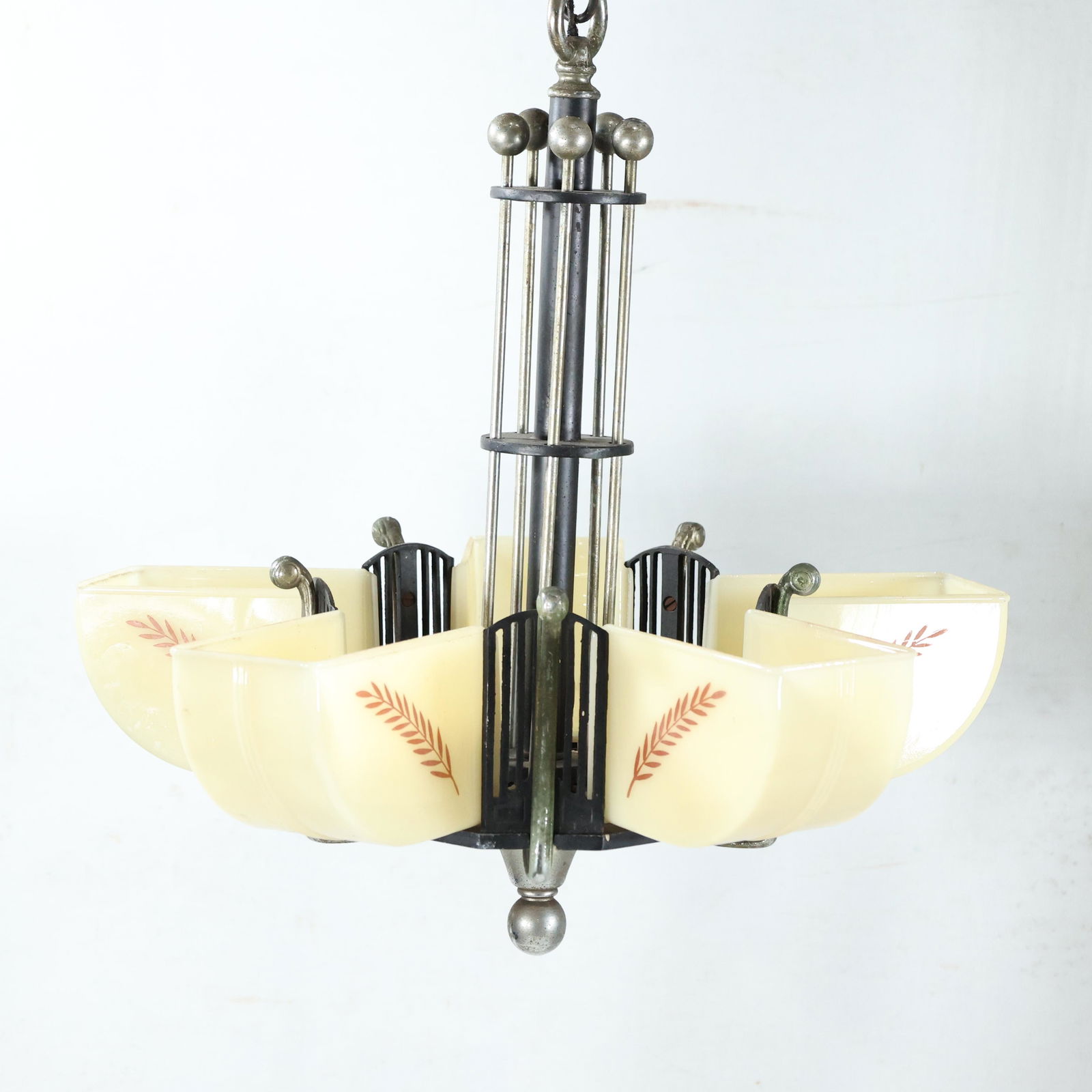Original 1920s ART DECO 5-Light Glass Slip Shade Chandelier Chromed Metal Frame (1 of 10)