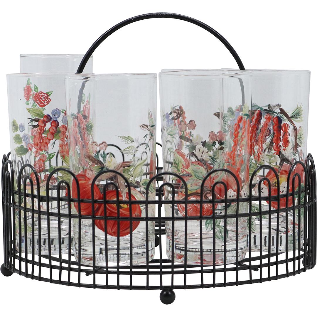 [6] Hand Painted "Cherries" Drinking Glasses in a Black Metal Caddy Holder (1 of 11)
