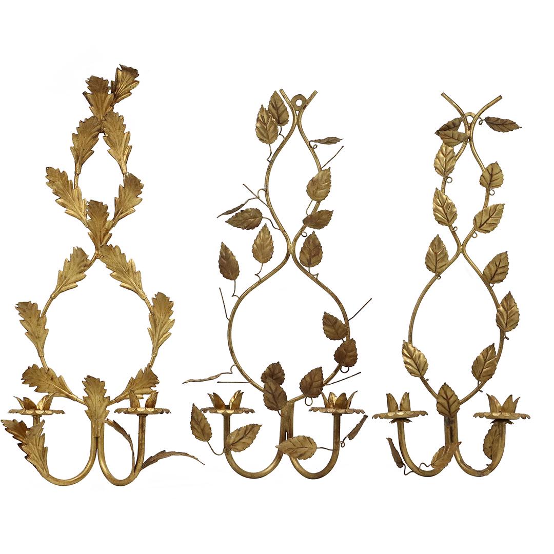 [3] HOLLYWOOD REGENCY Gold Gilt Tin Wall Sconces Floral Leaves (1 of 9)