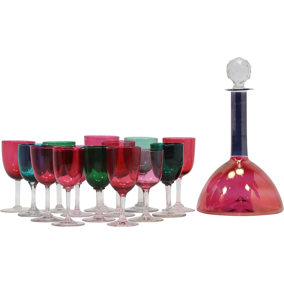 Bell Bottom Glass Liquor Decanter and 14 Stem Glasses in Color Flash (1 of 18)
