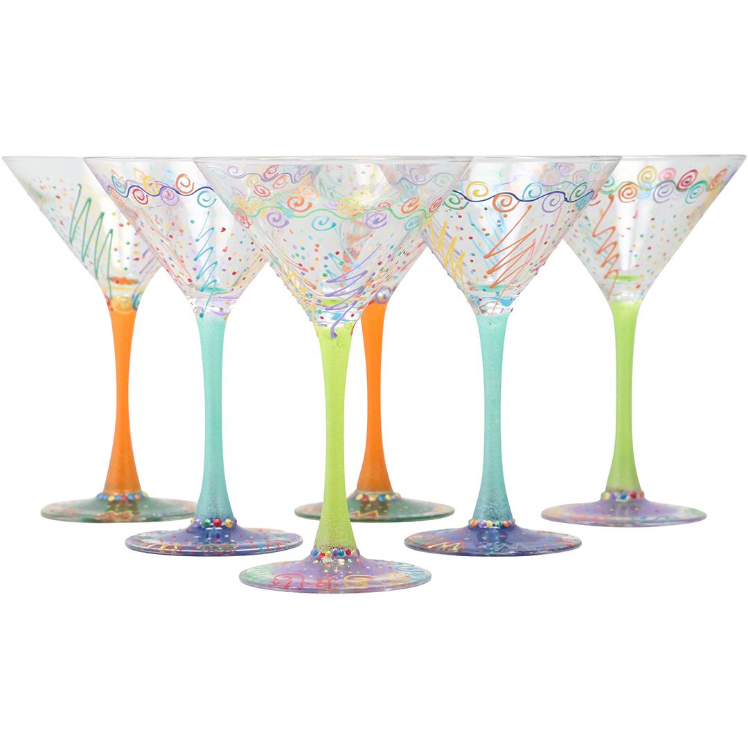 [6] SIX Glass "Festive Celebration" Decorated Martini Glasses: [6] SIX Glass "Festive Celebration" Decorated Martini Glasses. size: 6.5h 4.5w