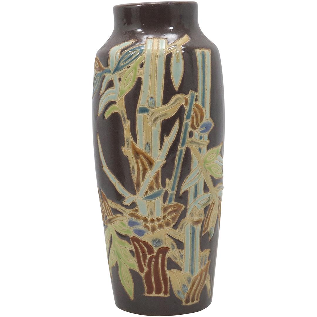 Arts & Crafts Art Pottery Vase Incised Bamboo Tree in Colors: Arts & Crafts Art Pottery Vase Incised Bamboo Tree in Colors. size: 9h 4w