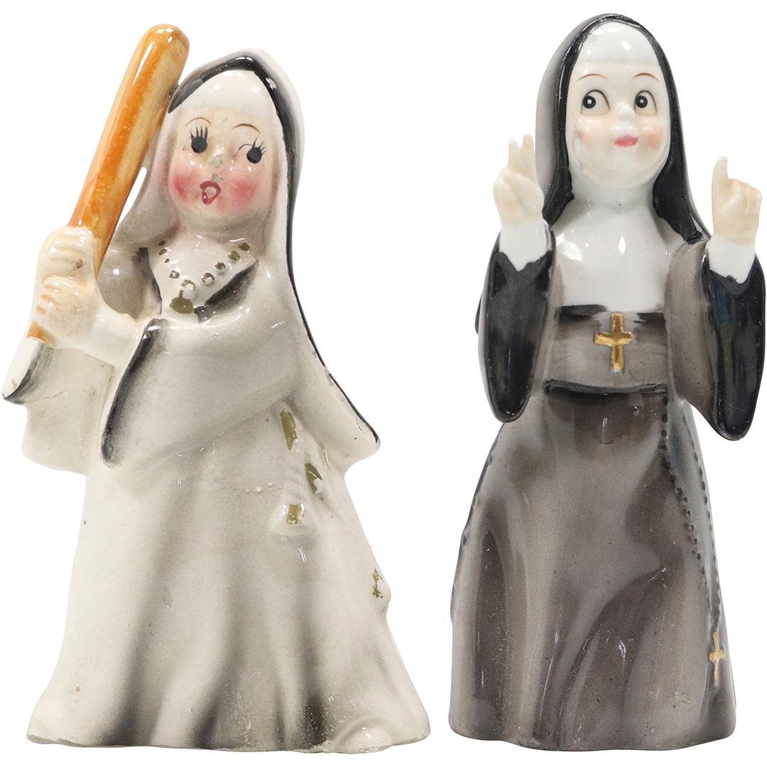 [2] Whimsical Porcelain "NUNS" Figures, One Holding Baseball Bat: [2] Whimsical Porcelain "NUNS" Figures, One Holding Baseball Bat. size: 5.25h 3w