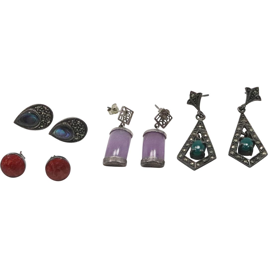 4 PAIR Assorted .925 STERLING SILVER EARRINGS Amethyst, Marcasites, Abalone & (1 of 10)